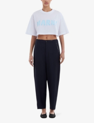 Marni Hand-stitch Logo Elastic-waist Straight-leg Ankle Trousers In Blueblack