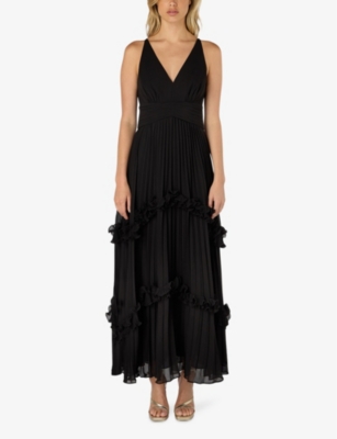 Ro&zo Sienna V-neck Pleated Woven Maxi Dress In Black