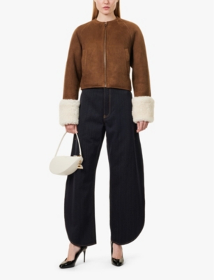 ALAÏA WOMENS BLANC BRUN COLLARLESS SHEARLING-CUFFED SUEDE JACKET 