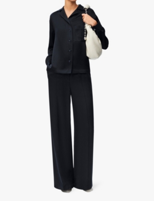 Shop Loewe Womens Anagram-embroidered Pressed-crease Mid-rise Wide-leg Silk-blend Pyjama Trousers Midnight Blue