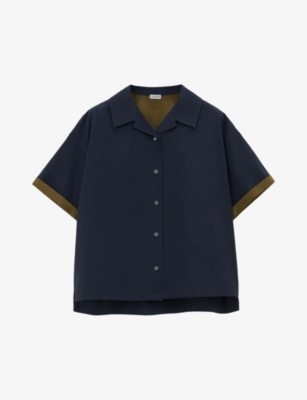 LOEWE WOMENS DARK BLUE CONTRAST-TRIM SHORT-SLEEVE COTTON-BLEND SHIRT 