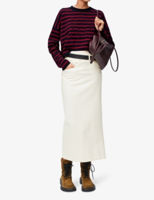 Loewe Cropped Oversized Striped Jacquard-knit Wool-blend Sweater In Navy/red