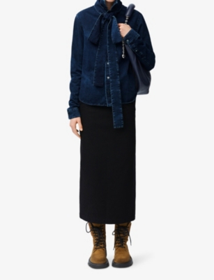 LOEWE WOMENS BLACK DECONSTRUCTED HIGH-WAIST ASYMMETRIC DENIM MIDI SKIRT 
