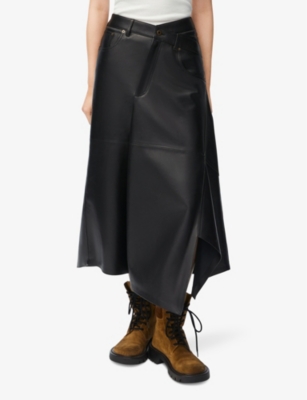 LOEWE WOMENS LOEWE MID-RISE ASYMMETRIC LEATHER MIDI SKIRT 