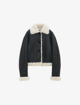 Shop Loewe Womens  Shearling-trim Boxy-fit Leather Jacket In Black/white