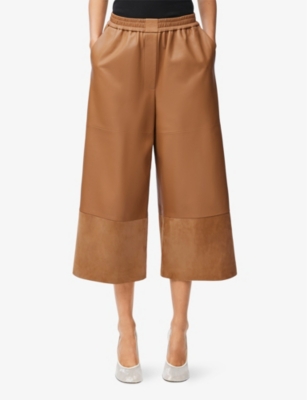 LOEWE WOMENS TOFFEE BRAND-ANAGRAM CROPPED WIDE-LEG LEATHER TROUSERS 