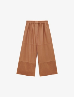 LOEWE WOMENS TOFFEE BRAND-ANAGRAM CROPPED WIDE-LEG LEATHER TROUSERS 