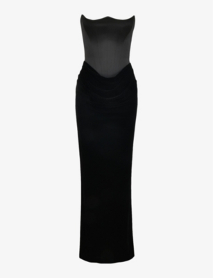 HOUSE OF CB WOMENS BLACK PERSEPHONE STRAPLESS SATIN MAXI DRESS 