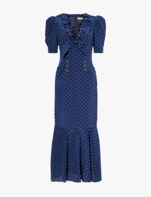 Alessandra Rich Womens V-neck Ruffle-trim Silk Midi Dress In Blue