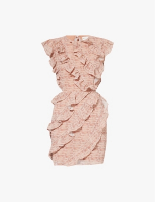 PRETTY LAVISH: Joss graphic-print ruffle-trim woven mini dress