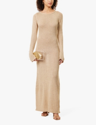 Shop Pretty Lavish Womens Champagne Gold Anastasia Sequin-embellishment Slim-fit Knitted Maxi Dress