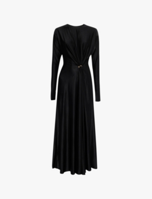 RABANNE: Ring-embellished ruched stretch-woven maxi dress