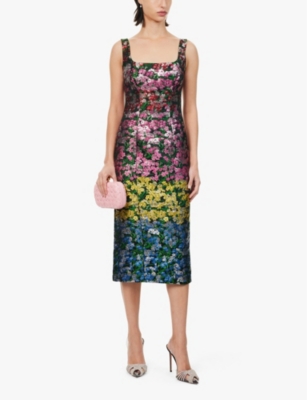 MARY KATRANTZOU WOMENS TOPIARY JQ AGAVE METALLIC FLORAL-JACQUARD WOVEN MIDI DRESS 