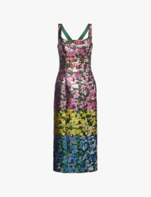 MARY KATRANTZOU WOMENS TOPIARY JQ AGAVE METALLIC FLORAL-JACQUARD WOVEN MIDI DRESS 