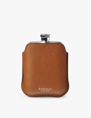 Aspinal Of London Mens  Logo-print Stainless-steel Hip Flask And Leather Pouch In Brown