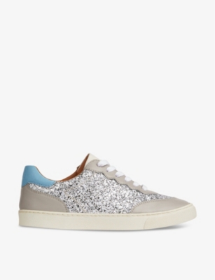 Lk Bennett Runner Glitter-embellished Leather And Woven Low-top Trainers In Whi-white/silver