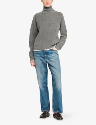 Sandro Womens Grey Turtleneck Ribbed Wool And Cashmere-blend Jumper In Gray