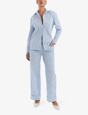Mistress Rocks Womens Blue Striped Toggle-waist Stretch-woven Trousers In Blue
