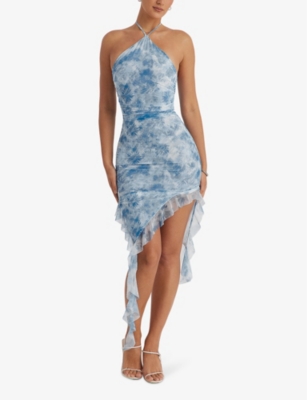 Mistress Rocks Womens Blue Halterneck Floral-print Stretch-woven Mini Dress L In Blue