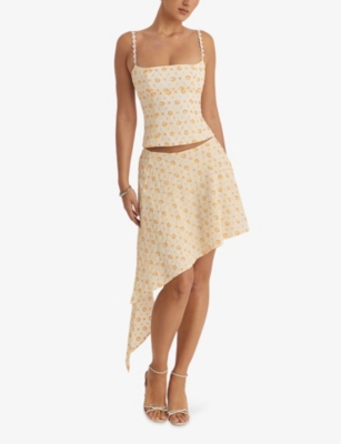 Mistress Rocks Floral Embroidered Asymmetric Hem Skirt In Cloud