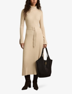 Reiss Womens Neutral Vinette Funnel-neck Slim-fit Ribbed Stretch-knit Midi Dress In Neutral