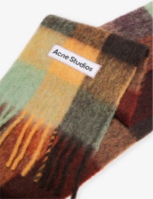 Check fringed wool-blend scarf