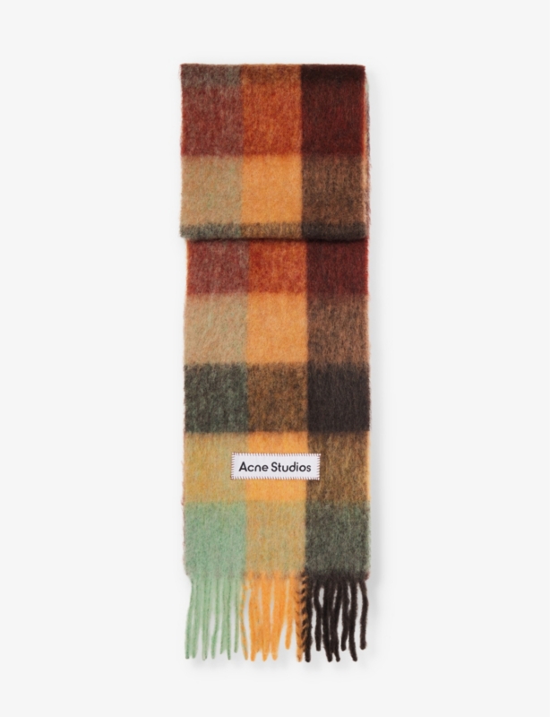 Check fringed wool-blend scarf