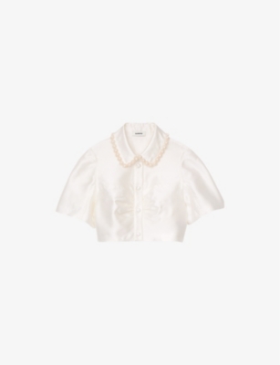 Sandro Womens  Embellished-trim Cropped Satin Shirt In Naturels