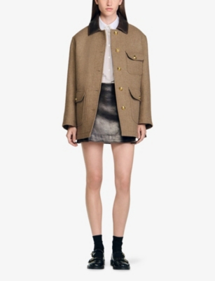 Sandro Womens Caramel Contrast-collar Patch-pocket Tweed Coat In Brown