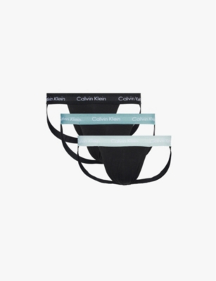 CALVIN KLEIN MENS B-BLK SHAD SLATE TUQ WBS LOGO-WAISTBAND PACK-OF-THREE STRETCH-COTTON JOCK STRAPS XL 