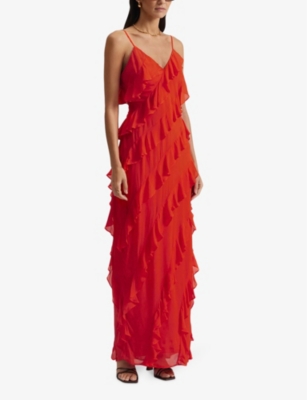 Malina Womens Summer Red Cecily Ruffled Woven Maxi Dress In Summer Red