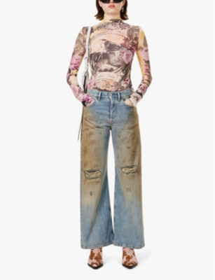 Distressed wide-leg mid-rise jeans
