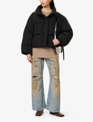 High-neck zip-pockets relaxed-fit shell-down jacket