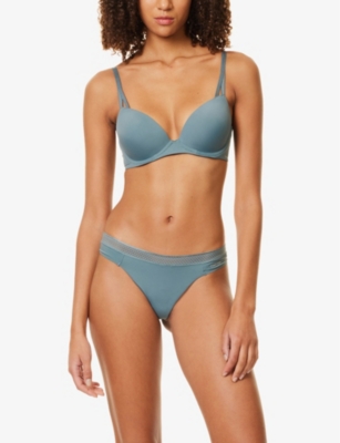 Calvin Klein Womens  Seductive Comfort Logo-print Stretch-woven Thong In Blue Performance