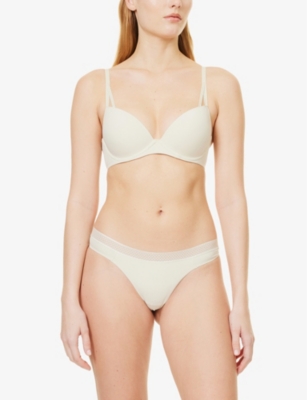 Shop Calvin Klein Womens Seductive Comfort Light Scallop-waistband Stretch-woven Thong Bone White