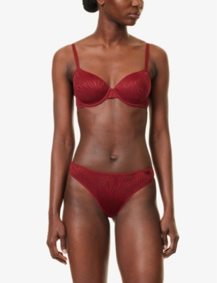 Shop Calvin Klein Womens Syrah Sheer Marquisette Lace-embroidery Stretch-recycled-nylon Blend Thong