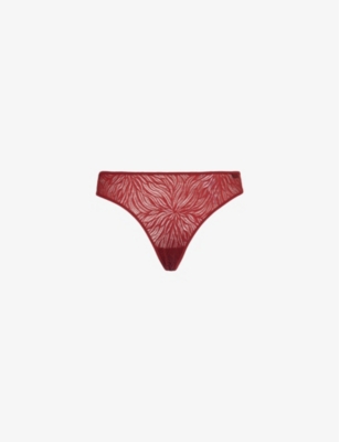 Shop Calvin Klein Womens Syrah Sheer Marquisette Lace-embroidery Stretch-recycled-nylon Blend Thong