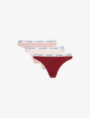 Calvin Klein Womens  Modern Logo Branded-waistband Pack Of Three Stretch-cotton Thong In Syrah/subdued/peach