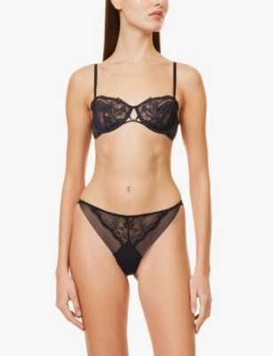 Shop Calvin Klein Womens Geometic Mid-rise Stretch-lace Thong Black Xs