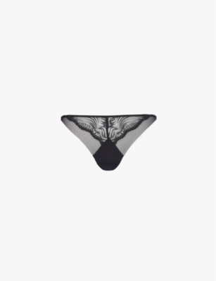 Shop Calvin Klein Womens Geometic Mid-rise Stretch-lace Thong Black Xs