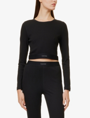 Shop Calvin Klein Womens Logo-waistband Cropped Stretch-cotton Lounge Top Black Xl