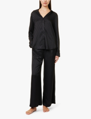Shop Calvin Klein Womens Elasticated-waistband Brand-monogram Wide-leg Mid-rise Satin Pyjama Trousers Black Beauty