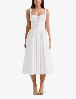House Of Cb Womens White Broderie Milia Broderie-anglaise Stretch Cotton-blend Midi Dress In White Broderie