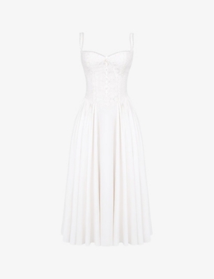 House Of Cb Womens White Broderie Milia Broderie-anglaise Stretch Cotton-blend Midi Dress In White Broderie