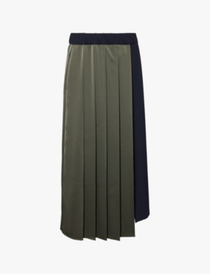 Shop Weekend Max Mara Omens Navy Managua Pleated Contrast-panel Woven Midi Skirt