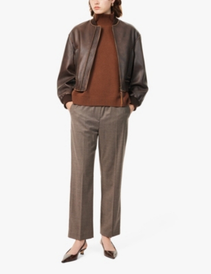 Shop Weekend Max Mara Omens Dark Brown Hateley Dogtooth-print Straight-crop-leg High-rise Stretch-wool Trousers