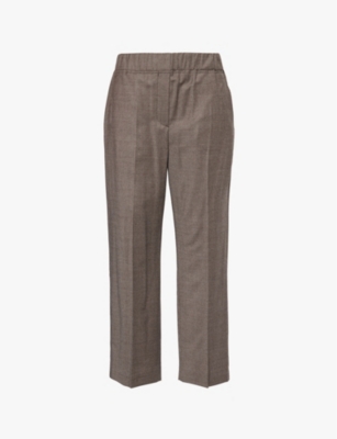 Shop Weekend Max Mara Omens Dark Brown Hateley Dogtooth-print Straight-crop-leg High-rise Stretch-wool Trousers