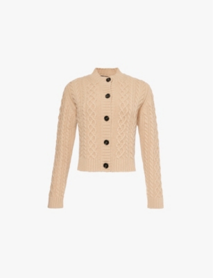 Shop Weekend Max Mara Omens  Afosi Cable-knit Wool-blend Cardigan In Camel