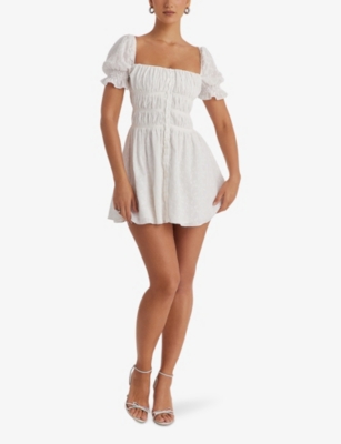 MISTRESS ROCKS: Square-neck puff-sleeve broderie cotton mini dress