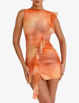 Mistress Rocks Ruffle Side Drape Sleeveless Mesh Minidress In Orange Ombre